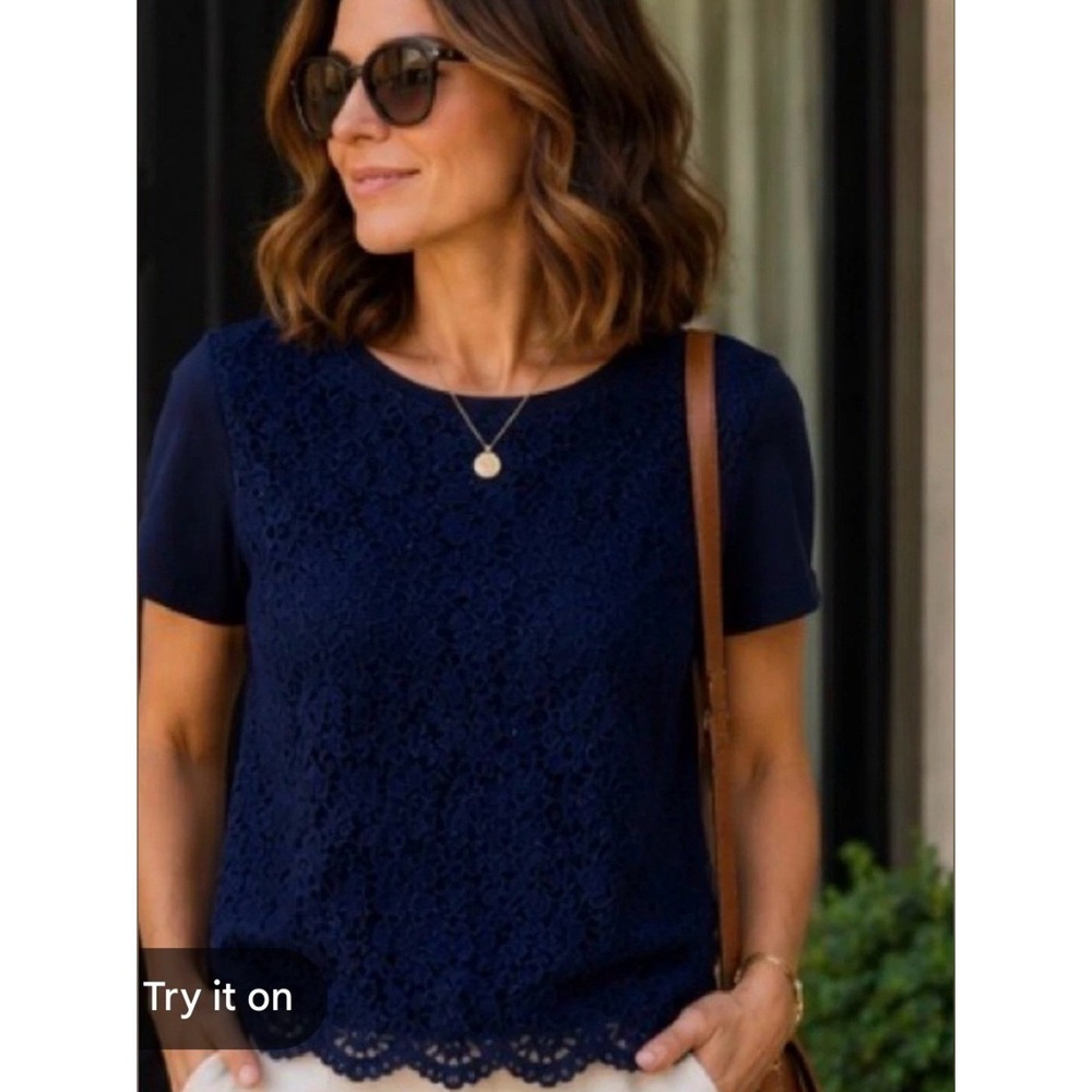 Lauren Ralph Lauren Lace Overlay T-Shirt Navy Blue XL Floral Scalloped Hem